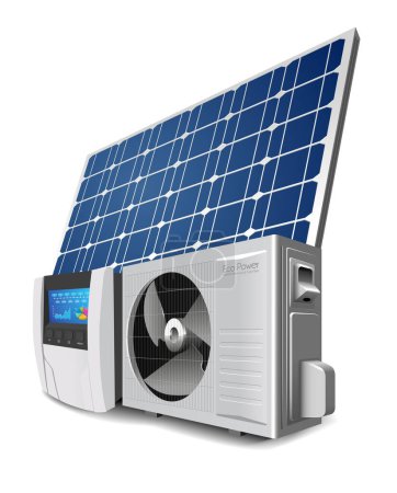 Ilustración de Bomba de calor, inversor y panel solar como concepto de sistema de energía verde - Imagen libre de derechos