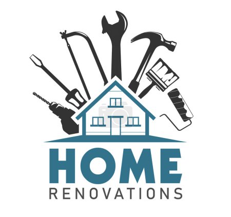 Ilustración de Renovaciones de viviendas - logotipo conceptual con una casa y las herramientas necesarias para la renovación de casas - Imagen libre de derechos
