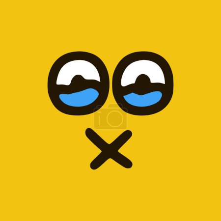 Illustration for Crying emoticon with closed mouth in doodle style. Cartoon face expressions isolated on yellow background - Royalty Free Image