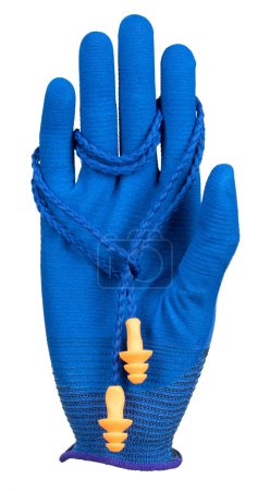 Photo for Safety workplace glove and ears protection. Means of individual protection against noise - ear plugs. - Royalty Free Image