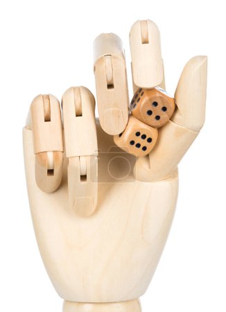 Photo for Dices gambling futuristic metaphor in wooden robotic hand. Wooden dices. - Royalty Free Image