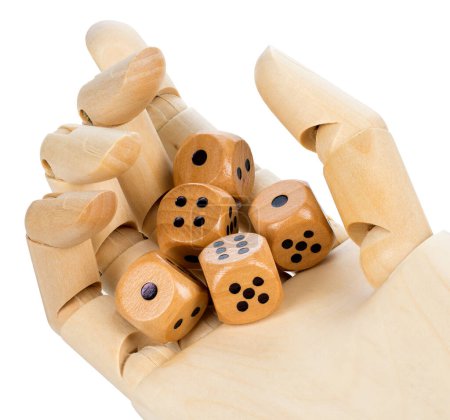 Photo for Cropped wooden robotic hand holding dices. - Royalty Free Image