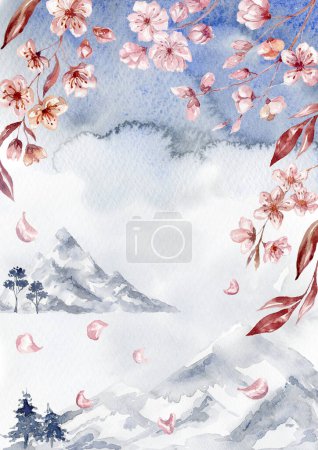 Photo for Watercolor Card with Sakura, Cherry Branches and Mountains. Wedding Design. - Royalty Free Image