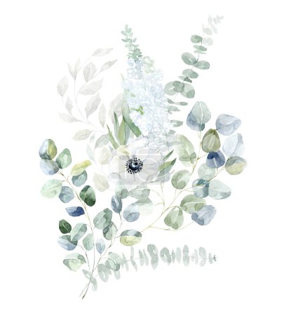Photo for Watercolor Bouquet with white Flowers and green Branches. Anemone and Eucalyptus. - Royalty Free Image