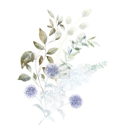 Photo for Watercolor Bouquet with white, violet Flowers and green Branches - Royalty Free Image