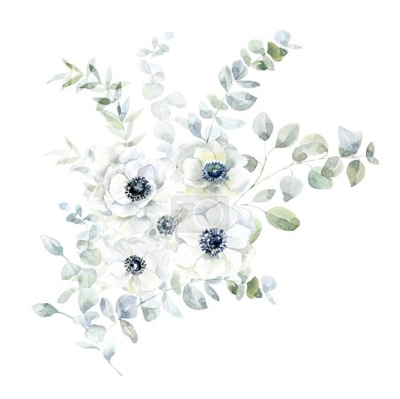 Photo for Watercolor Bouquet with white Flowers and green Branches. Anemone and Eucalyptus. - Royalty Free Image
