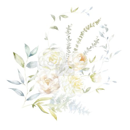 Photo for Watercolor Bouquet with white Flowers and green Branches. Peony, Rose and Leaves. - Royalty Free Image
