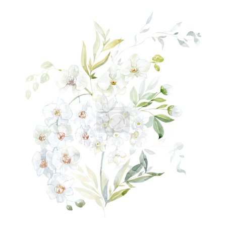 Photo for Watercolor Bouquet with white Flowers and green Branches. Orchid and Leaves. - Royalty Free Image
