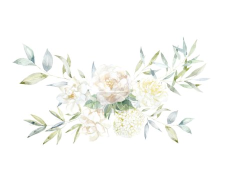 Photo for Watercolor Bouquet with white Flowers and green Branches. Peony, Gardenia and Hydrangea. - Royalty Free Image