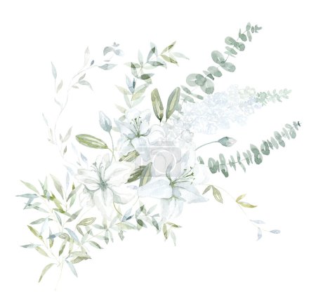 Photo for Watercolor Bouquet with white Flowers and green Branches. Lily and Eucalyptus. - Royalty Free Image
