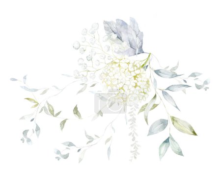Photo for Watercolor Bouquet with white Hydrangea Flower and green Branches - Royalty Free Image