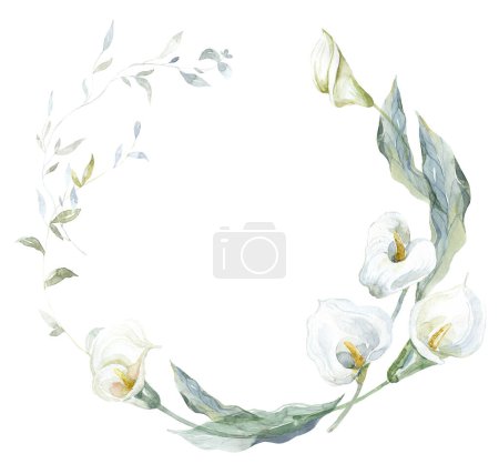 Photo for Frame with white Calla Flowers. Watercolor Illustration. - Royalty Free Image