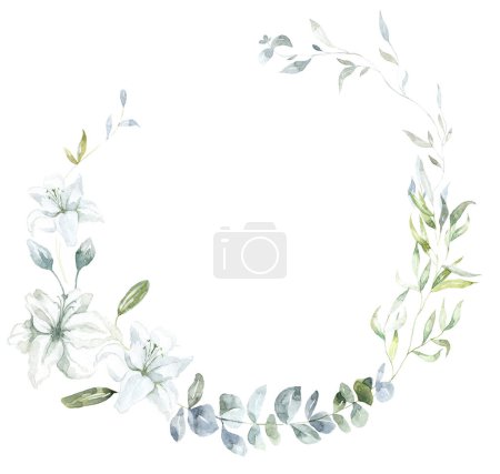 Photo for Frame with white Lily Flowers and Eucalyptus. Watercolor Illustration. - Royalty Free Image