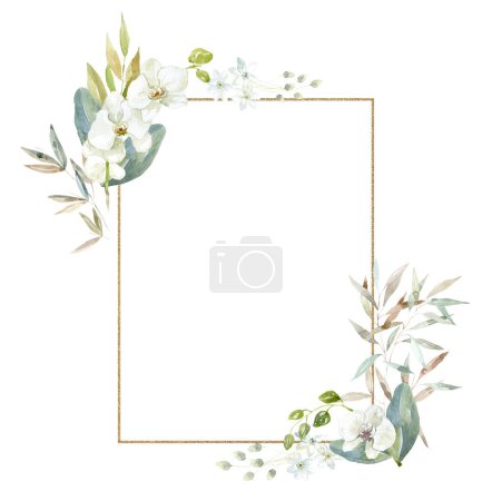Photo for Frame with white Orchid Flowers Watercolor Illustration. - Royalty Free Image
