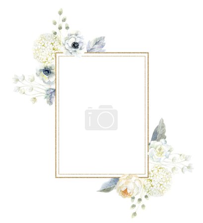 Photo for Frame with white Flowers Anemone, Hydrangea, Peony and Gardenia. Watercolor Illustration. - Royalty Free Image