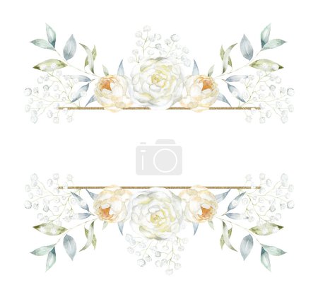 Photo for Frame with white Peony Flowers Watercolor Illustration. - Royalty Free Image
