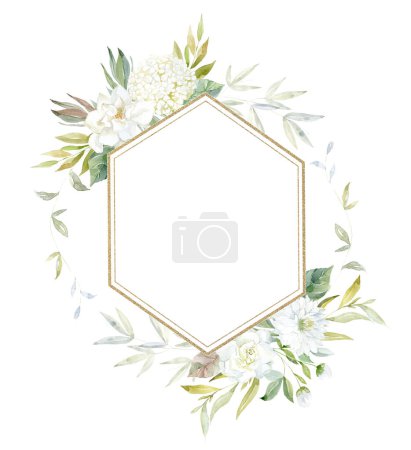 Photo for Frame with white Flowers Hydrangea, Dahlia and Gardenia. Watercolor Illustration. - Royalty Free Image