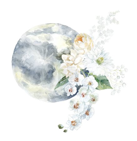 Photo for Moon with white Orchid, Gardenia and Peony Flowers. Watercolor Illustration. - Royalty Free Image