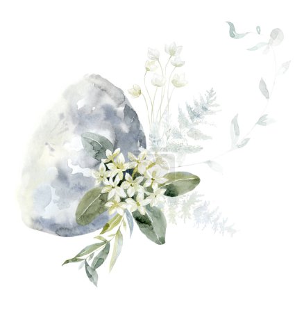 Photo for Moon with white Flowers. Watercolor Illustration. - Royalty Free Image