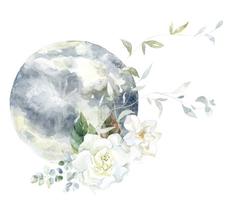 Photo for Moon with white Gardenia Flowers. Watercolor Illustration. - Royalty Free Image