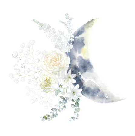 Photo for Moon with white Rose Flowers. Watercolor Illustration. - Royalty Free Image