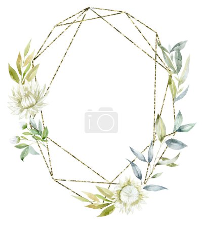 Photo for Gold Frame with white Protea Flowers. Watercolor Illustration. - Royalty Free Image