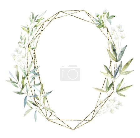 Photo for Gold Frame with green Branches. Watercolor Illustration. - Royalty Free Image