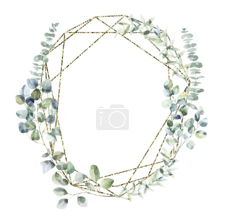 Photo for Gold Frame with green Branches. Watercolor Illustration. - Royalty Free Image