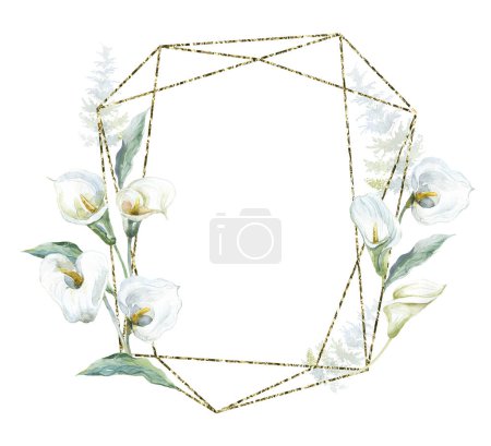 Photo for Gold Frame with white Calla Flowers. Watercolor Illustration. - Royalty Free Image