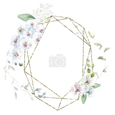 Photo for Gold Frame with white Orchid Flowers. Watercolor Illustration. - Royalty Free Image