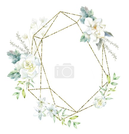 Photo for Gold Frame with white Gardenia Flowers. Watercolor Illustration. - Royalty Free Image