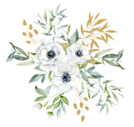 Photo for Bouquet with white Anemone Flowers. Watercolor Illustration. - Royalty Free Image