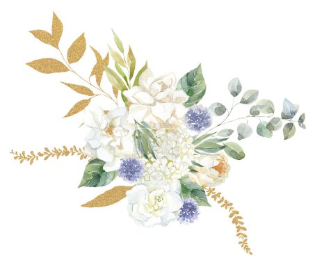 Photo for Bouquet with white Gardenia and Hydrangea Flowers. Watercolor Illustration. - Royalty Free Image