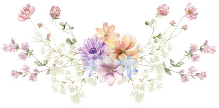 Aquarell Strauß mit Wildblumen. Bunte Blumen. Design für Karte auf weißem Hintergrund.