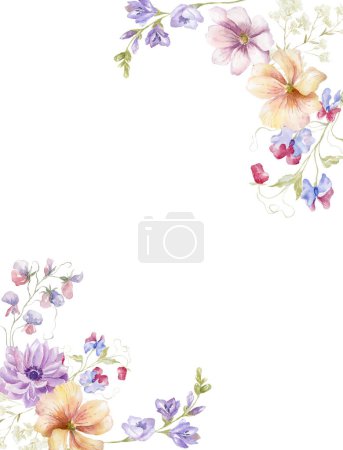 Tarjeta de felicitaciones de acuarela con flores silvestres multicolores en el fondo blanco.