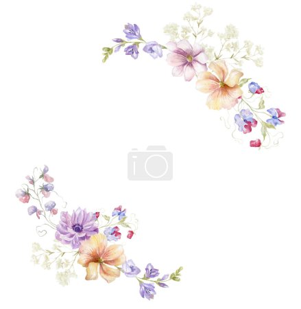 Carte de voeux aquarelle avec fleurs sauvages multicolores sur le fond blanc.