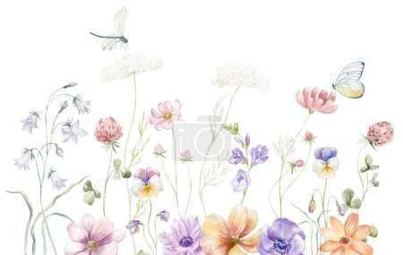 Acuarela Frontera con flores silvestres multicolores. Ilustración de verano.