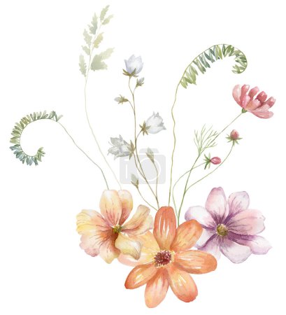 Photo for Watercolor Bouquet with Wildflowers. Cosmos Flowers. Design for Card on the white Background. - Royalty Free Image