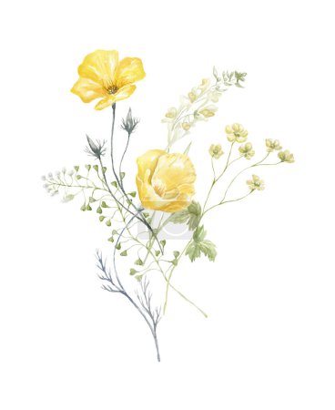 Foto de Ramo de acuarela con flores silvestres. Flores de amapola amarilla. Diseño de la tarjeta en el fondo blanco. - Imagen libre de derechos