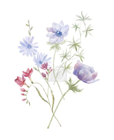 Ramo de acuarela con flores silvestres. Florales azules y rosados. Diseño de la tarjeta en el fondo blanco.