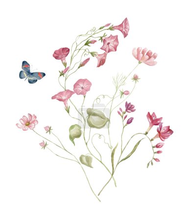 Téléchargez les photos : Bouquet aquarelle avec fleurs sauvages et papillon. Design pour carte sur fond blanc. - en image libre de droit