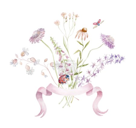Aquarell Strauß mit Wildblumen. Rosa Pflanzen. Design für Karte auf weißem Hintergrund.