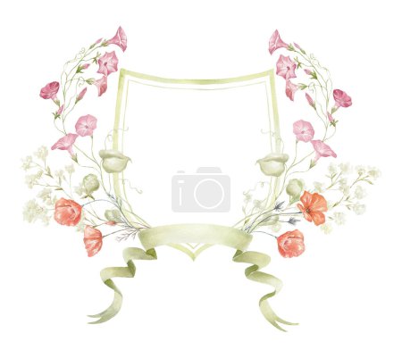 Photo for Watercolor Crest with Wildflowers on the white Background. Wedding Design. - Royalty Free Image