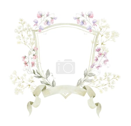 Aquarell Wappen mit Wildblumen auf weißem Hintergrund. Hochzeitsdesign.