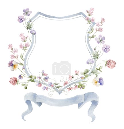 Cimier aquarelle avec des fleurs sauvages sur le fond blanc. Conception de mariage.
