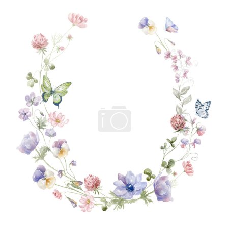 Watercolor Frame with Wildflowers on the white Background. Summer Illustration