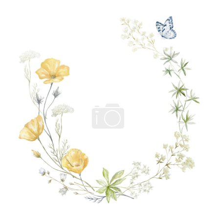 Aquarellrahmen mit Wildblumen auf weißem Hintergrund. Sommerliche Illustration