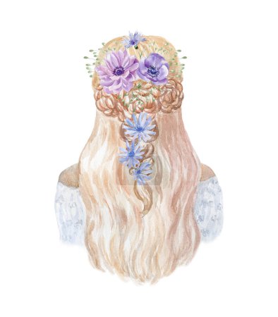 Photo for Watercolor Woman Head with Bride Hairstyle and Wildflowers. Wedding Design. - Royalty Free Image