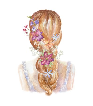 Photo for Watercolor Woman Head with Bride Hairstyle and Wildflowers. Wedding Design. - Royalty Free Image