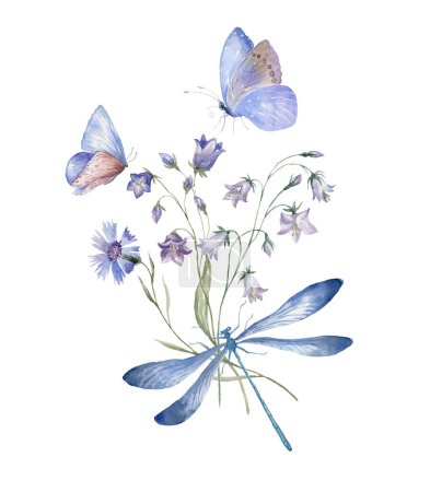 Photo for Watercolor Bouquet with Wildflowers and Butterfly. Design for Card on the white Background. - Royalty Free Image